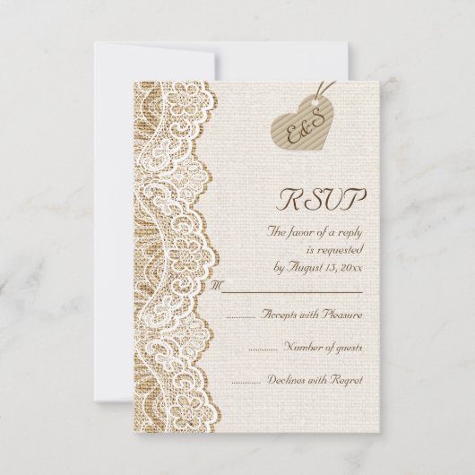 Witte kant & hart op jute bruiloft RSVP Kaartje (Voorkant)