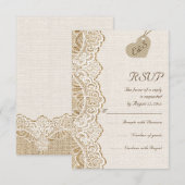 Witte kant & hart op jute bruiloft RSVP Kaartje (Voorkant / Achterkant)