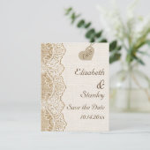 Witte kant & hart op jute bruiloft Save the Date Kaart (Staand voorkant)