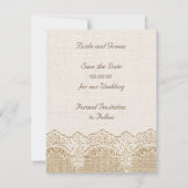 Witte kant & hart op jute bruiloft Save the Date Kaart (Achterkant)