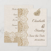 Witte kant & hart op jute bruiloft Save the Date Kaart (Voorkant / Achterkant)