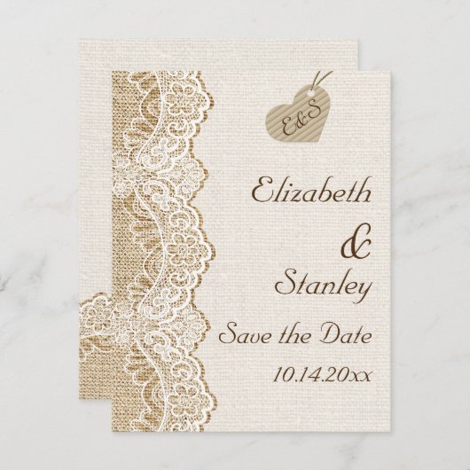 Witte kant & hart op jute bruiloft Save the Date Kaart (Voorkant / Achterkant)