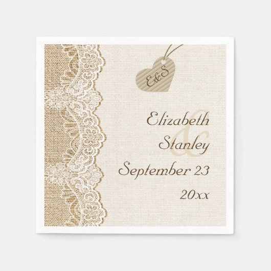 Witte kant & hart op jute rustieke bruiloft servet (Voorkant)
