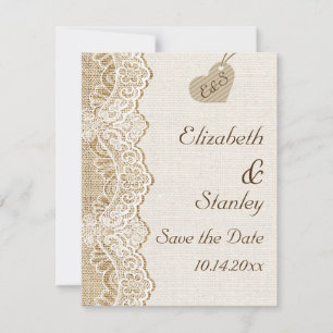 Witte kant & hart op jute "Save the Date" voor een Kaart