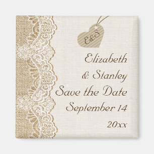 Witte kant & hart op jute "Save the Date" voor een Magneet