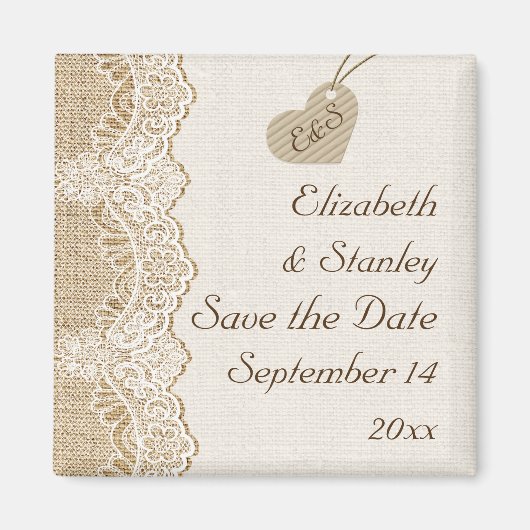 Witte kant & hart op jute wedding Save the Date Magneet (Voorkant)