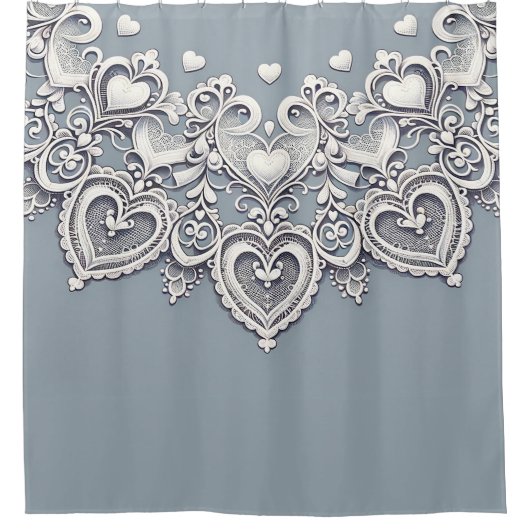 Witte Kant Harten Romantische Charm Elegant Blauw Douchegordijn (Voorkant)