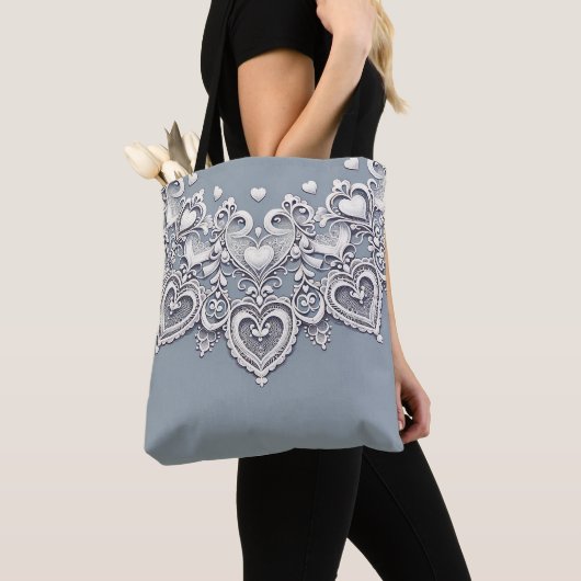 Witte Kant Harten Romantische Charm Elegant Tote Bag (Dichtbij)