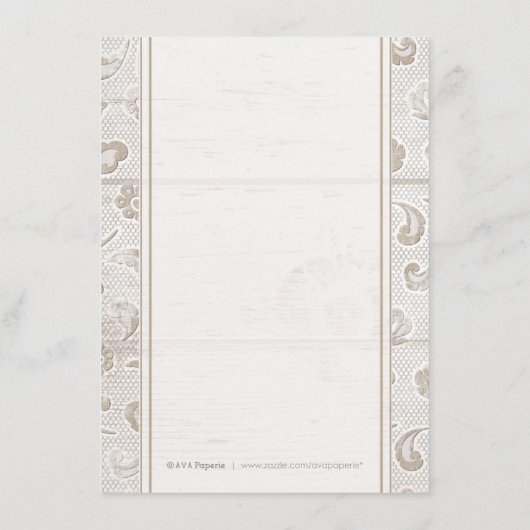 Witte kant hout rustieke land bruiloft detail kaar informatiekaartje (Achterkant)