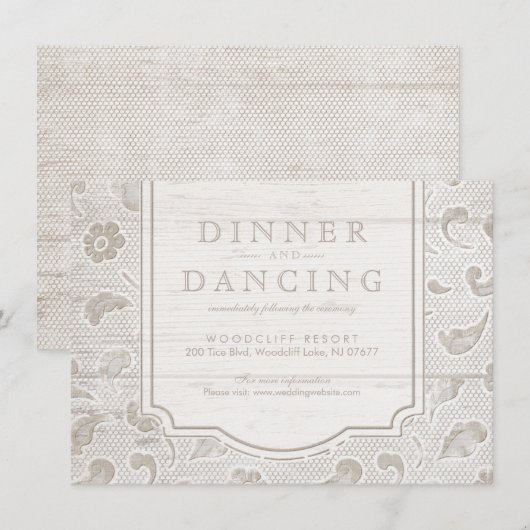 Witte kant hout rustieke land bruiloft receptie informatiekaartje (Voorkant / Achterkant)