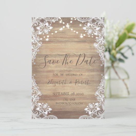 Witte kant, houtextuur, licht sparen de Datum Save The Date (Staand voorkant)