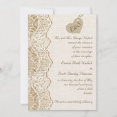 Witte kant & karton hart op jute bruiloft kaart (Voorkant)