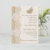 Witte kant & karton hart op jute bruiloft kaart (Staand voorkant)