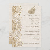 Witte kant & karton hart op jute bruiloft kaart (Voorkant / Achterkant)