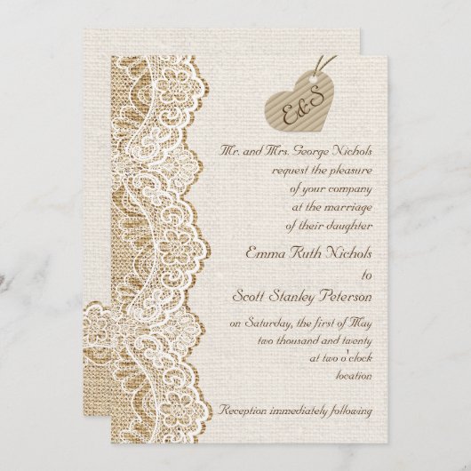 Witte kant & karton hart op jute bruiloft kaart (Voorkant / Achterkant)