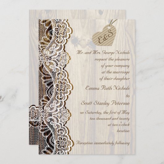 Witte kant & kartonnen hart op houten bruiloft kaart (Voorkant / Achterkant)