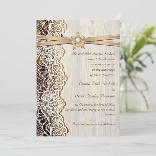 Witte kant, lint, bloem & hout bruiloft kaart (Staand voorkant)