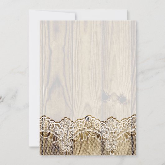 Witte kant, lint, bloem & hout bruiloft kaart (Achterkant)