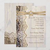 Witte kant, lint, bloem & hout bruiloft kaart (Voorkant / Achterkant)