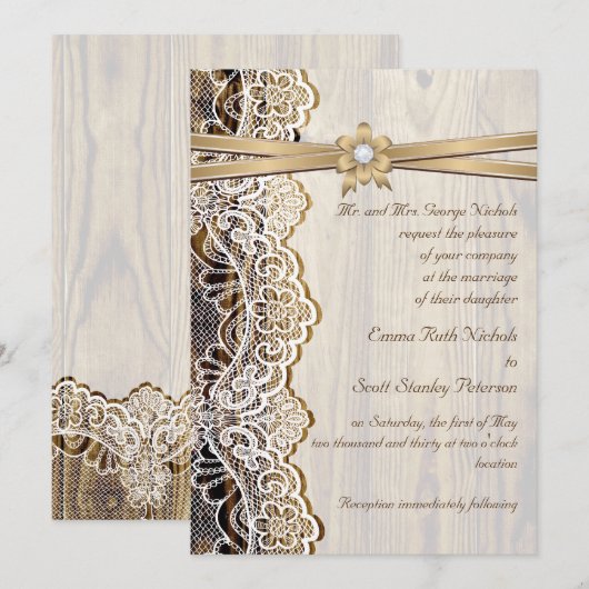 Witte kant, lint, bloem & hout bruiloft kaart (Voorkant / Achterkant)