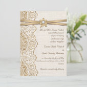 Witte kant, lint, bloem & jute bruiloft kaart (Staand voorkant)