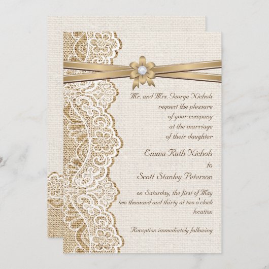 Witte kant, lint, bloem & jute bruiloft kaart (Voorkant / Achterkant)