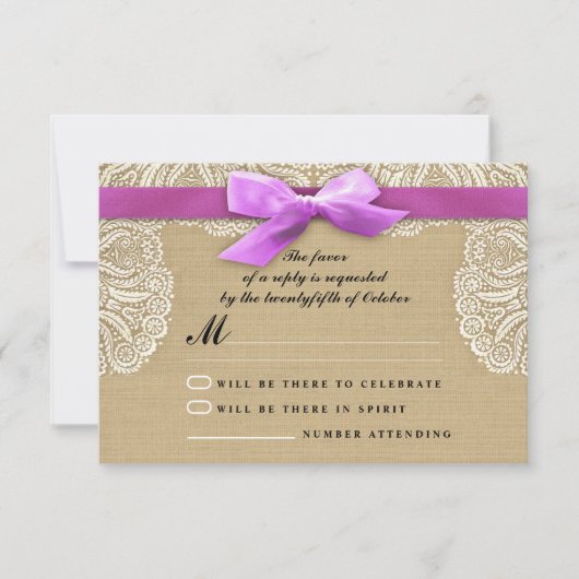 Witte kant lint en jute bruiloft RSVP kaarten (Voorkant)