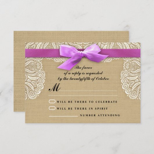 Witte kant lint en jute bruiloft RSVP kaarten (Voorkant / Achterkant)