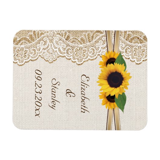 Witte kant, lint, zonnebloemen en jute bruiloft magneet (Horizontaal)