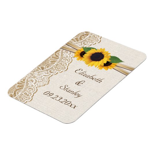 Witte kant, lint, zonnebloemen en jute bruiloft magneet (Linkerzijde)