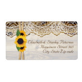 Witte kant, lint & zonnebloemen op houten huwelijk etiket (Voorkant)