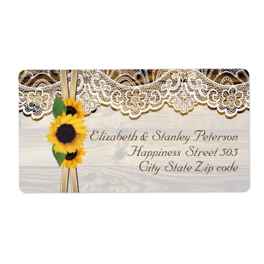 Witte kant, lint & zonnebloemen op houten huwelijk etiket (Voorkant)