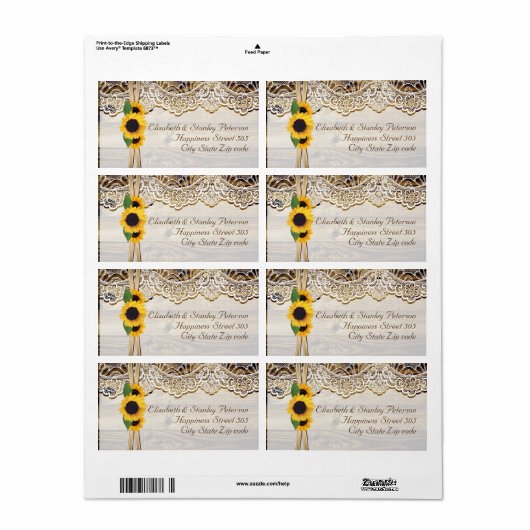 Witte kant, lint & zonnebloemen op houten huwelijk etiket (Full Sheet)