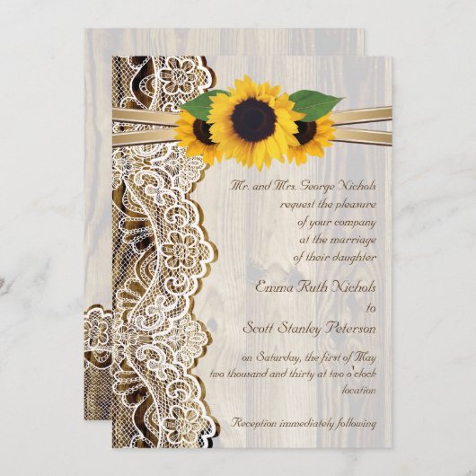 Witte kant, lint & zonnebloemen op houten huwelijk kaart (Voorkant / Achterkant)