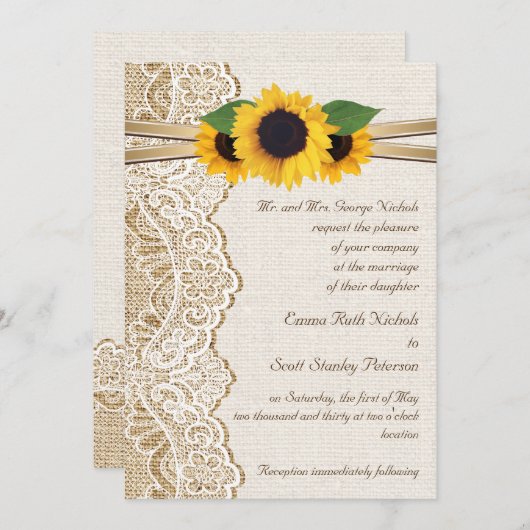 Witte kant, lint & zonnebloemen op jute bruiloft kaart (Voorkant / Achterkant)