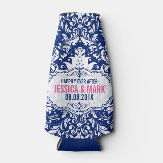 Witte kant met blauwe achtergrond roze Actie 3b Flesjeskoeler (Voorkant)