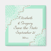 Witte kant met parelbruinmunt Sparen de Datum Magneet (Voorkant)