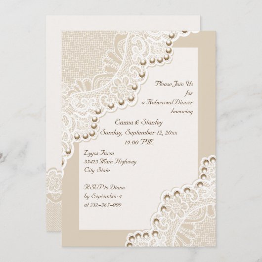 Witte kant met parels bruiloft repetitie diner kaart (Voorkant / Achterkant)