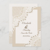 Witte kant met parels bruiloft Save the Date (Voorkant / Achterkant)