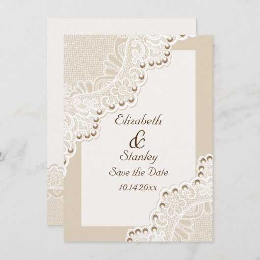 Witte kant met parels bruiloft Save the Date (Voorkant / Achterkant)
