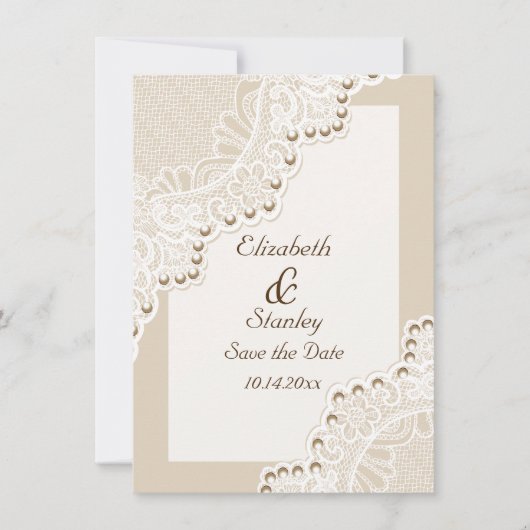 Witte kant met parels bruiloft Save the Date (Voorkant)