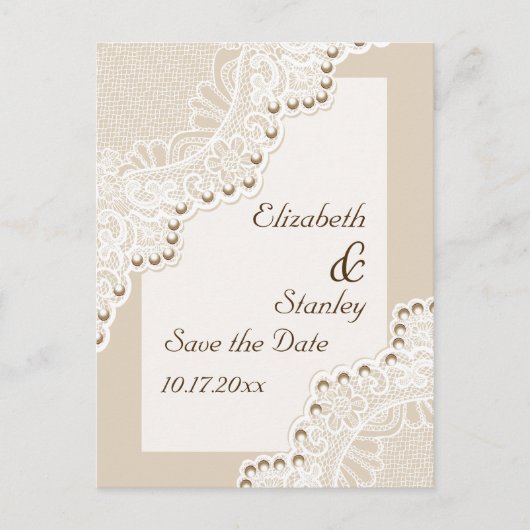Witte kant met parels bruiloft Save the Date Aankondigingskaart (Voorkant)