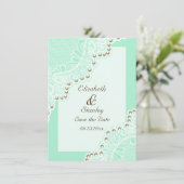 Witte kant met parels munt bruiloft Save the Date (Staand voorkant)