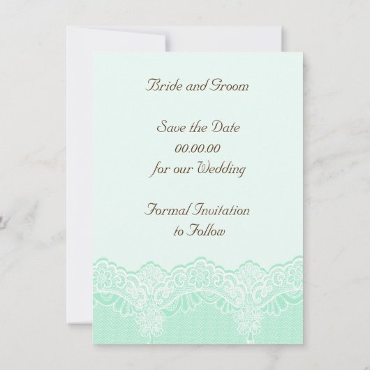 Witte kant met parels munt bruiloft Save the Date (Achterkant)