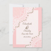 Witte kant met parels roze bruiloft Save the Date (Voorkant)