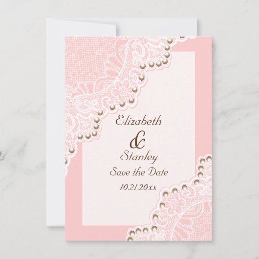Witte kant met parels roze bruiloft Save the Date (Voorkant)