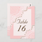 Witte kant met parels roze trouwtafel nummer briefkaart (Voorkant / Achterkant)