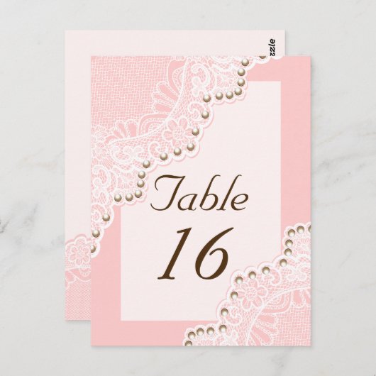 Witte kant met parels roze trouwtafel nummer briefkaart (Voorkant / Achterkant)