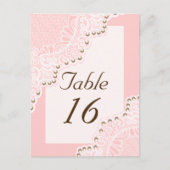Witte kant met parels roze trouwtafel nummer briefkaart (Voorkant)