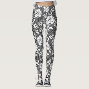 Witte kant met Rozen op zwarte Leggings